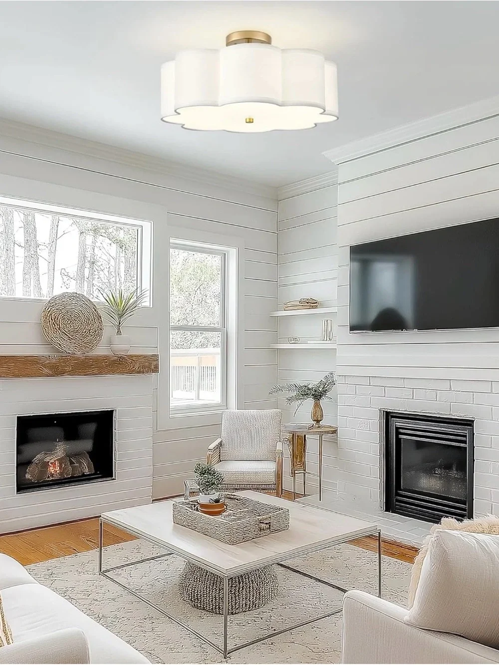 Gold Semi-Flush Ceiling Light with Ivory Fabric Shade